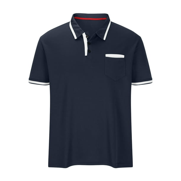 Camisa Elvqul para Hombre de Color Sólido Azul Marino Manga Corta Casuales Solapa