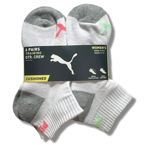 PUMA SOCKS WOMEN'S - QUARTER 243 - EDGE PINK GREEN - SHOE SZ 5-9.5 - PACK 6