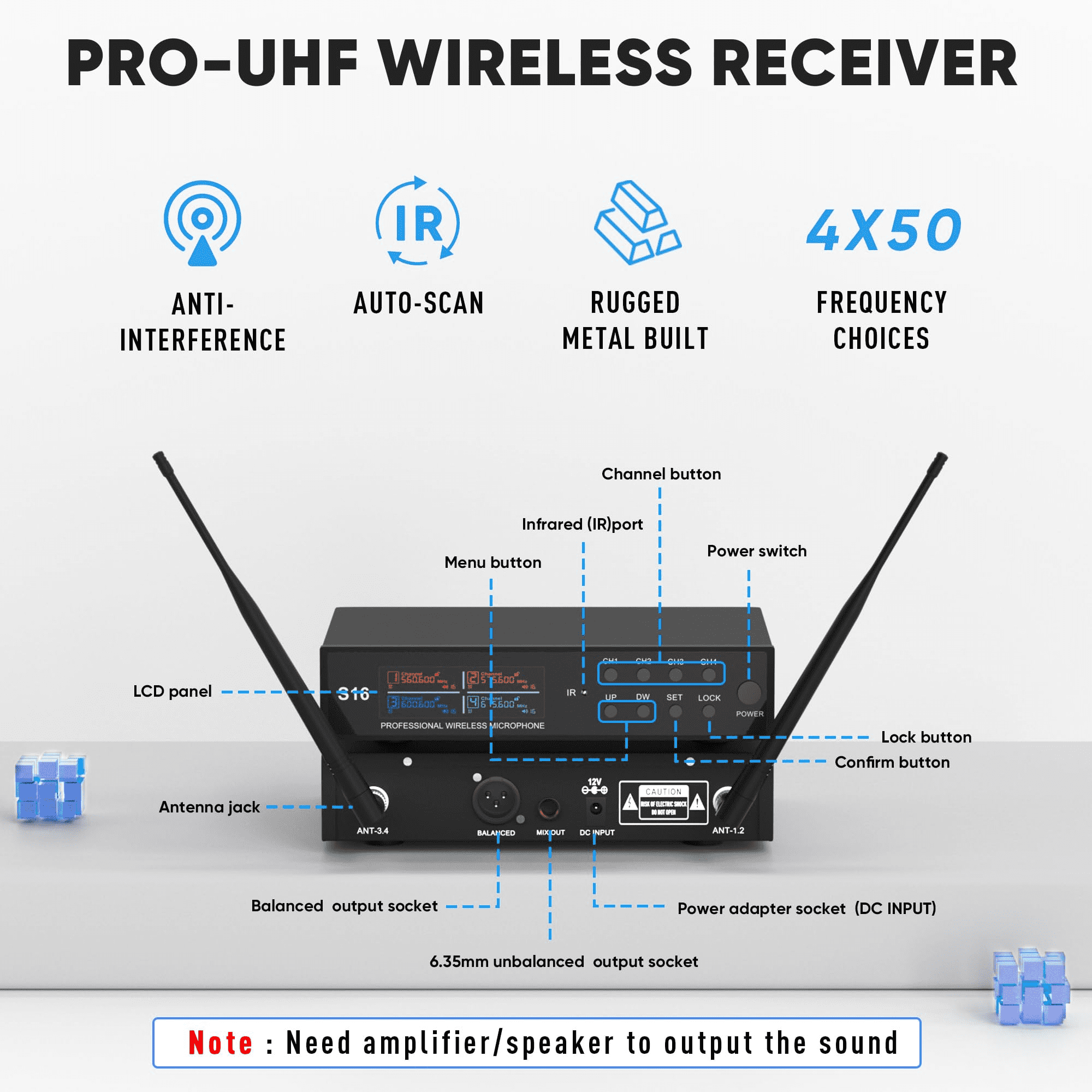 Wireless Microphone System, Pro 4 Channel UHF Mics Set with Metal Cordless Handheld Mics & Receiver, 200 Adjustable Frequency, 300ft Range for Singing, Church, Karaoke, Party
