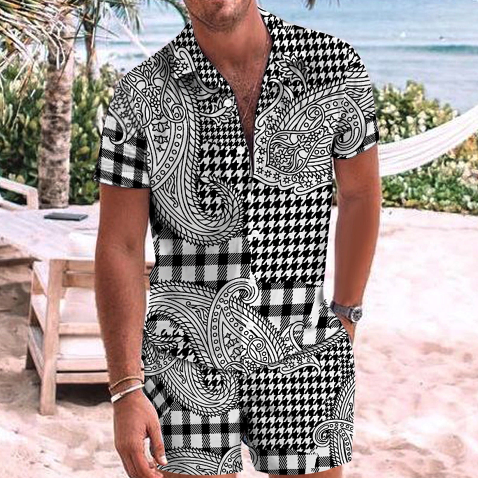 Mens Vintage 2 Piece Outfit Summer Short Sets Short Sleeve Button Down  Shirt Hawaiian Beachwear 