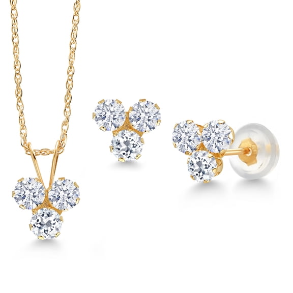 Gem Stone King 14K Yellow Gold White Zirconia and White Topaz 3 Stone Pendant and Earrings Jewelry Set for Women (1.08 Cttw, Round 3MM, with 18 inch Chain)
