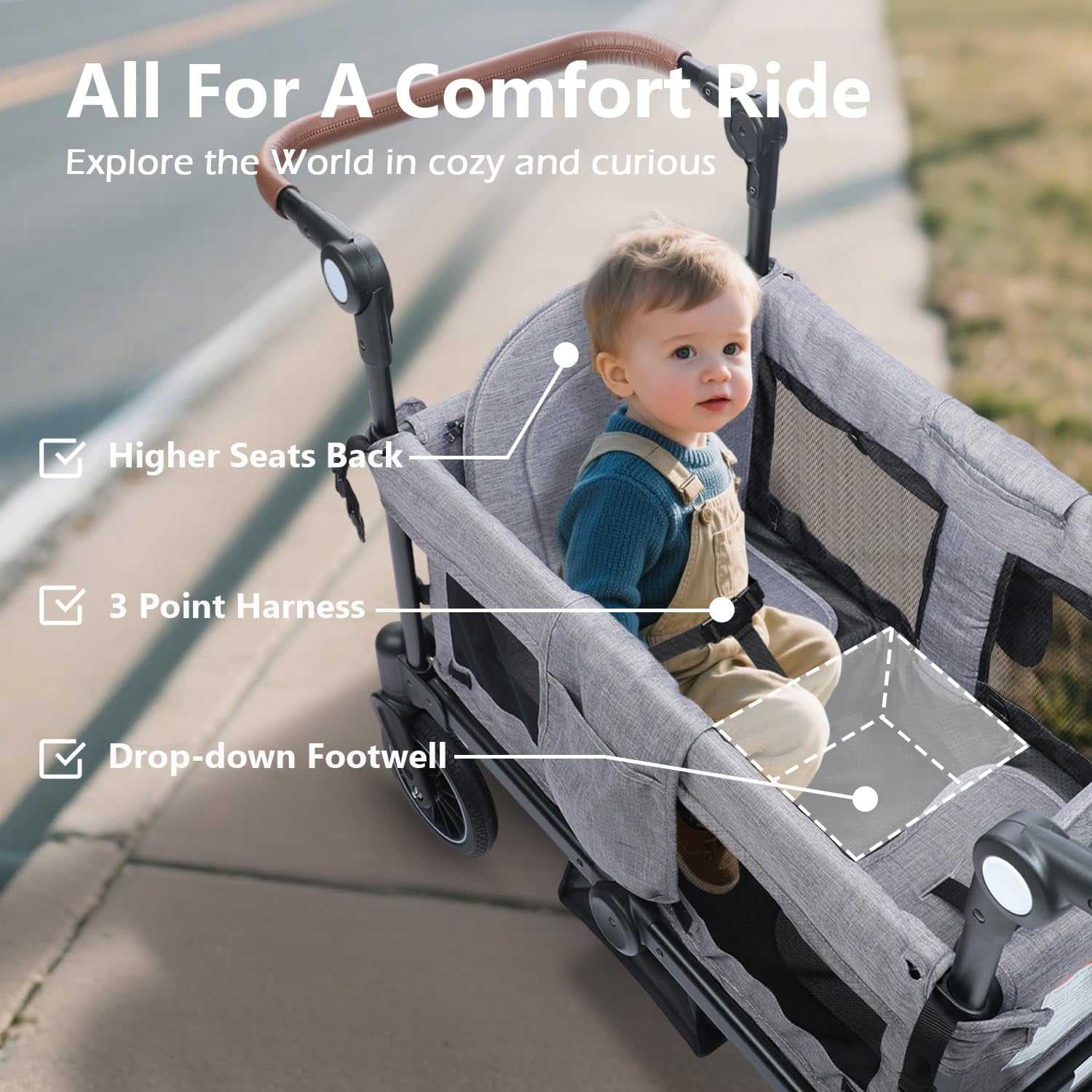 LINLUX Toddler Wagon Stroller, All Terrian Baby Stroller Wagon, Fodable Kids Wagon 2 Seats, Grey