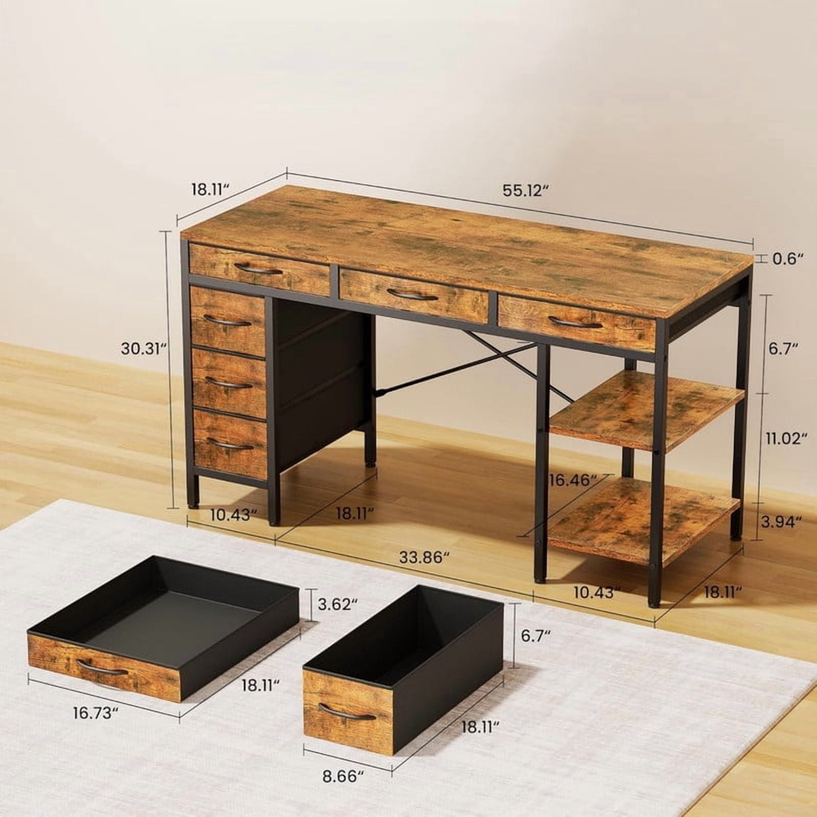 Kelno 55 Inch Computer Desk with 6 Fabric Drawer Storage Shelf Gaming Writing Table, Rustic Brown