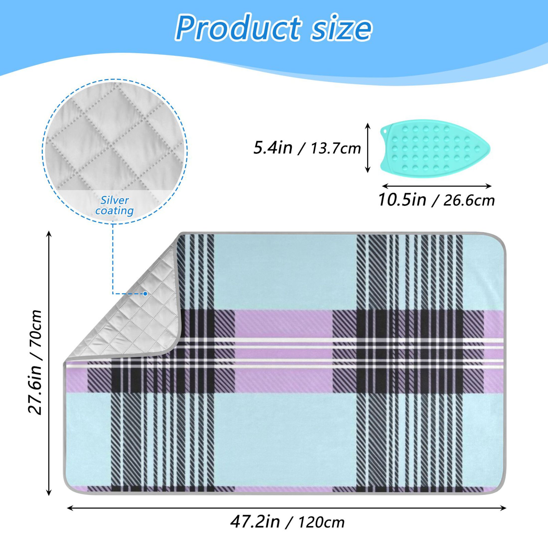 Plaids in Purple Black Green Ironing Mat Blanket Portable Travel Ironing Pad Heat Resistant Pad 47.2" x 27.6”
