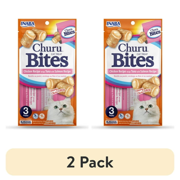 (2 pack) INABA Churu Bites, Soft Cat Treats, 0.35 oz Tube, 3 Tubes, Tuna with Salmon