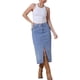 thumbnail image 2 of Falda de mezclilla midi ajustada de cintura alta con abertura y dobladillo sin terminar para mujer INSPIRE CHIC, color azul claro, talla M, 2 of 6