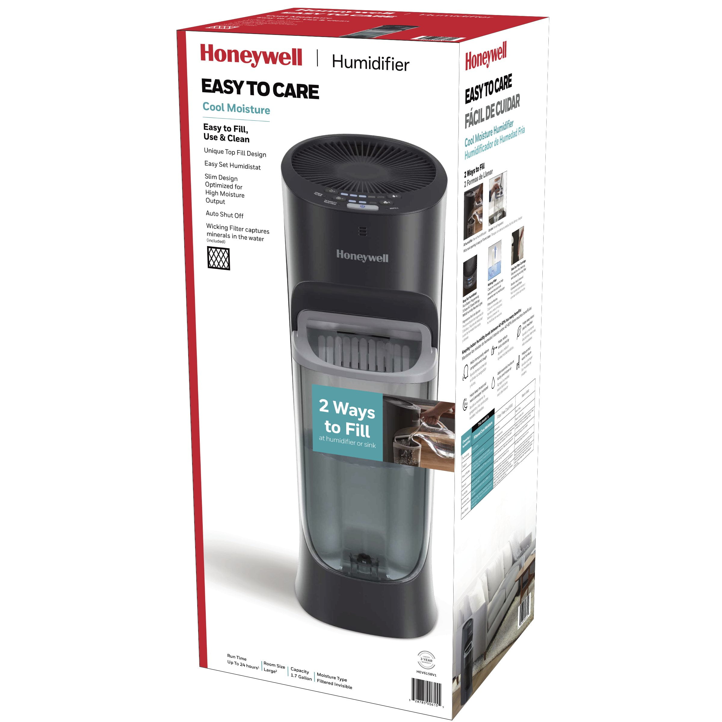 Honeywell 1.7 gal 500 sq ft Top Fill Cool Moisture Humidifier, Black, HEV615B