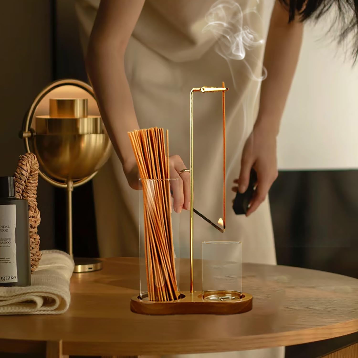 Modern Upside Down Incense Holder & Candle Stand - 2-in-1 Wood Base with Glass Ash Catcher, for Yoga, Meditation, Home Decor(XX)