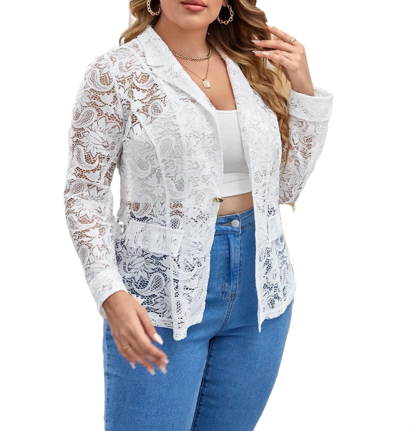 Elegant Lapel Regular Long Sleeve White Plus Size Blazers (Women's