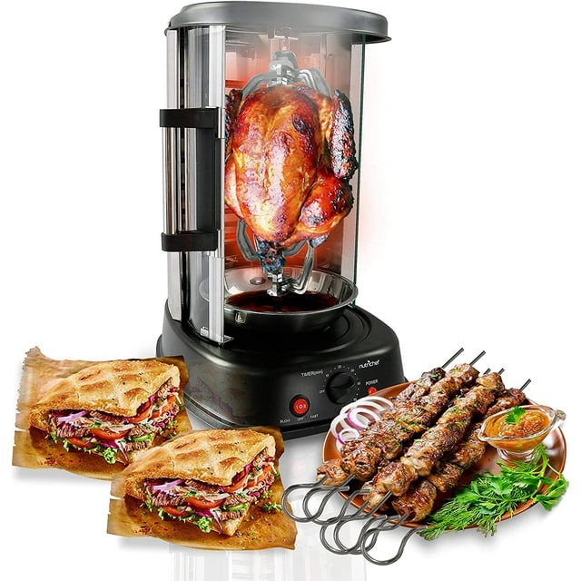 NutriChef Four Vertical Rotatif de Comptoir - Machine à Shawarma Rôtissoire, Machine à Kebab, Résistant aux Taches et Écoénergétique avec Porte Résistante à la Chaleur, Comprend un Support à Kebab avec 7 Brochettes (PKRTVG34)