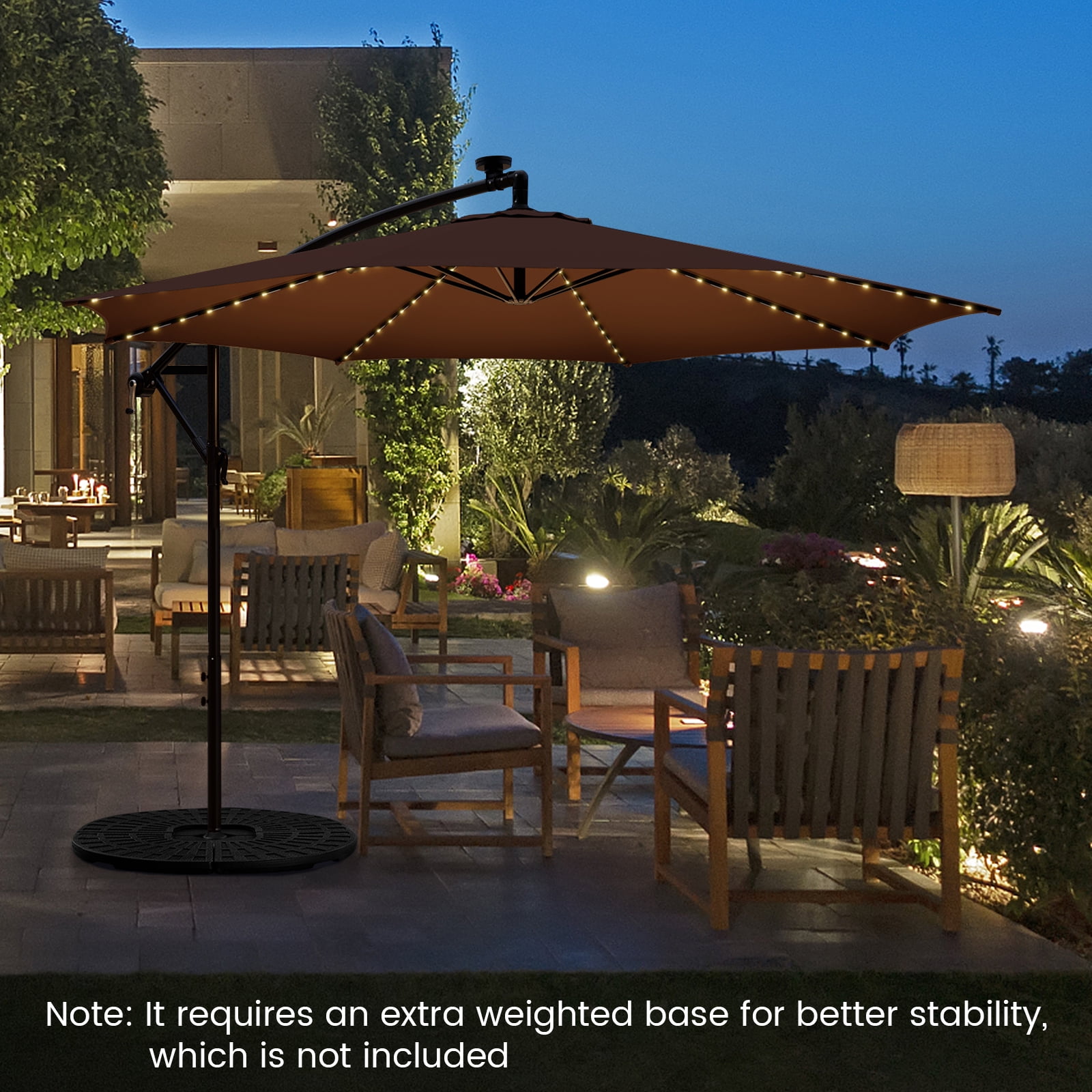 Topbuy 10FT Solar Offset Umbrella Tilted Cantilever Umbrella with 112 LED Lights Lighted Patio Sun Shade with Crank Handle Coffee