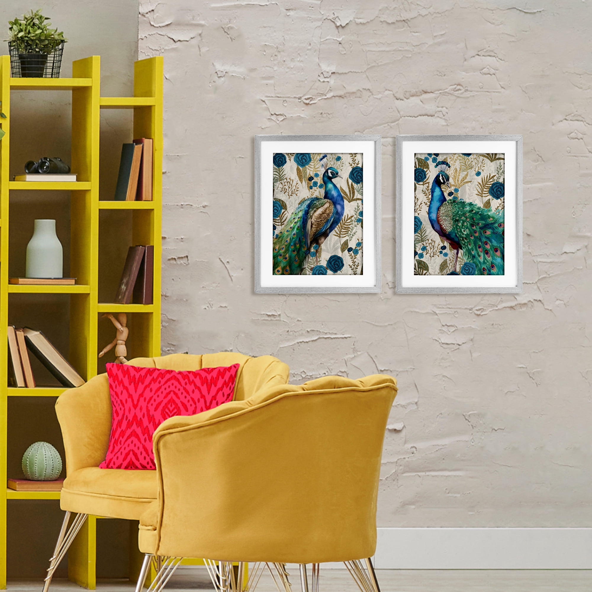 Stupell Industries Floral Peacock Pride 2 Piece Gray Framed Print Under Glass Set, design by Kim Allen