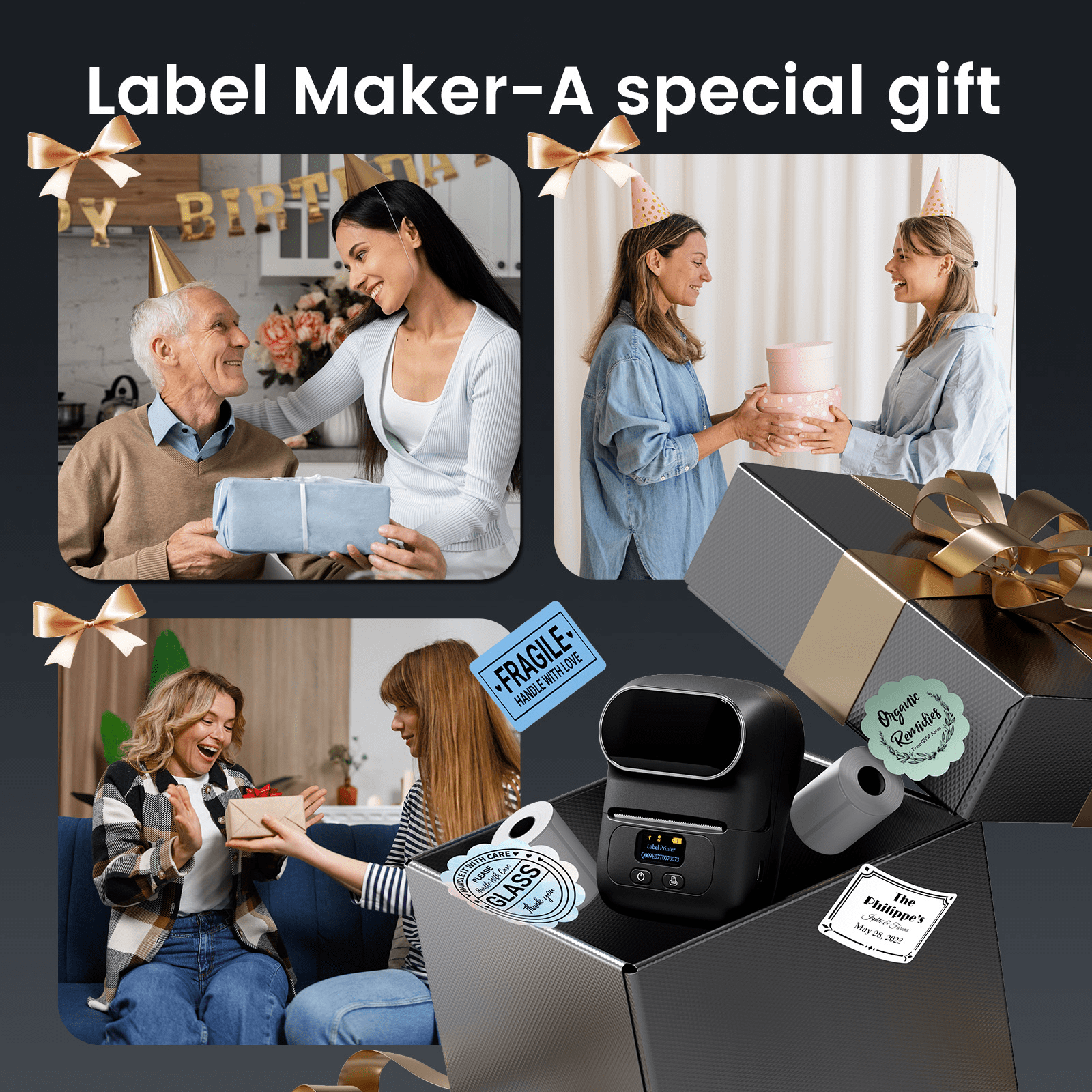 Phomemo M110 Label Maker Portable Label Printer, Sticker Printer For Small Business, Address, Office, Gift, Picture, Inkless Barcode Label Printer + 2 Rolls Thermal Paper（Black）