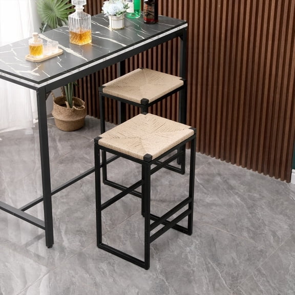 Set of 2 Backless Bar Stools - Metal Frame with Paper Rope Seat for Home & Kitchen