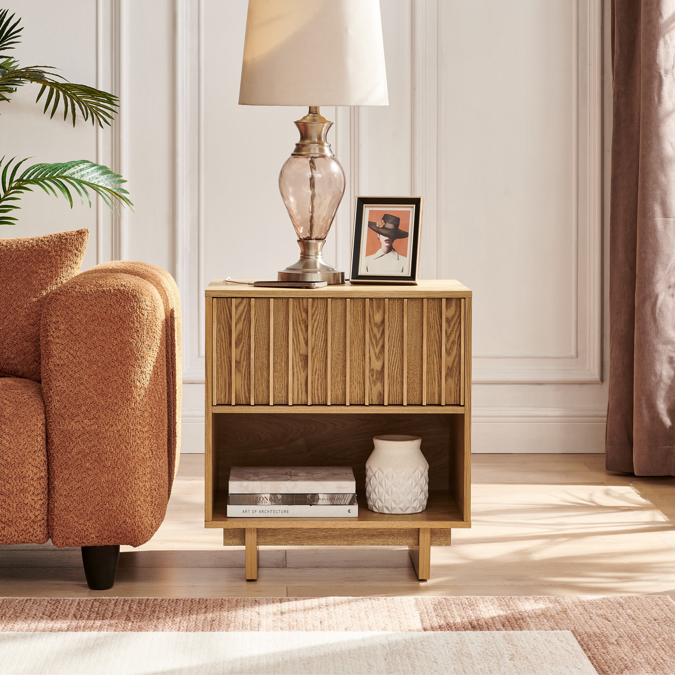 GDF Studio 23.4" Grille Slat Nightstand with Charging Station, Drawer & Open Shelf, Natural