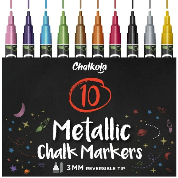 Metallic Liquid Chalk Markers Fine Tip - Dry Erase Marker Pen for Chalkboard Signs, Windows, Blackboard, Glass - 3mm Reversible Tip (10 Pack)