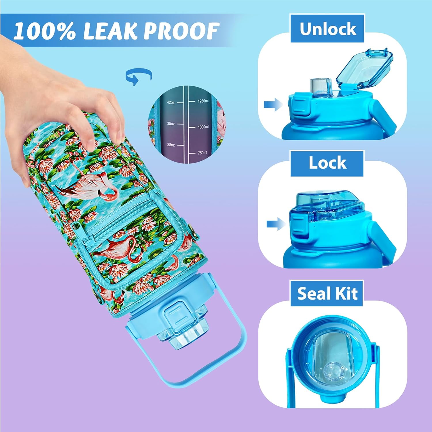 64 oz Water Bottle with Straw Sleeve & Strap Motivational BPA Free Half Gallon Water Jug with Handle for Gym Women Men Aesthetic Water Bottle with Strap Flamingo