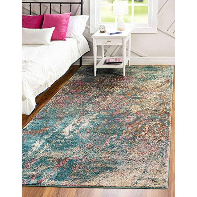 Unique Loom Tapis de Jardin Abstrait Botanique Aurora, 10 x 13 Pieds, Turquoise/beige
