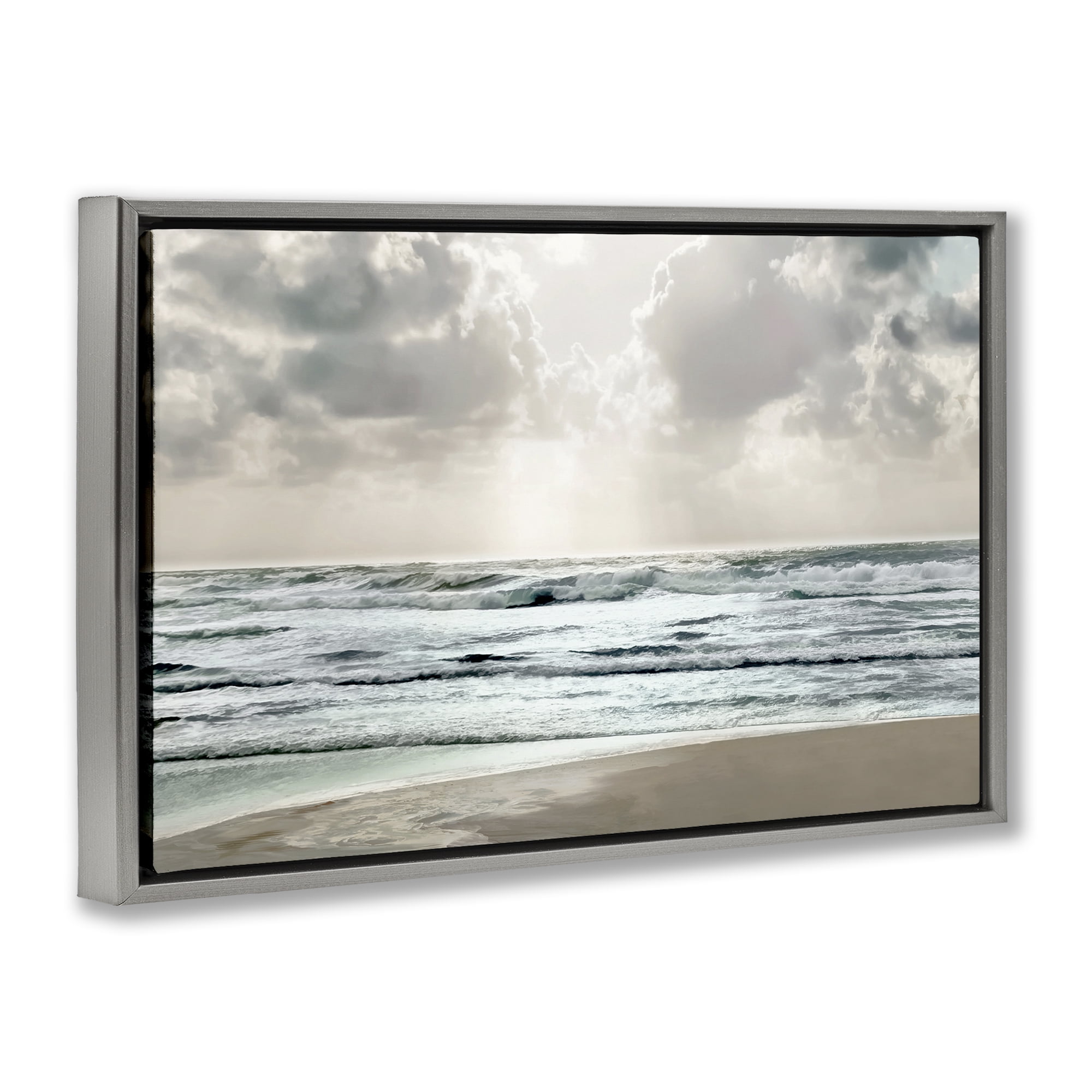 Stupell Industries Cloudy Sunlight Beach Landscape Photography Gray Floater Framed Canvas Art Print Wall Art, 31 x 21