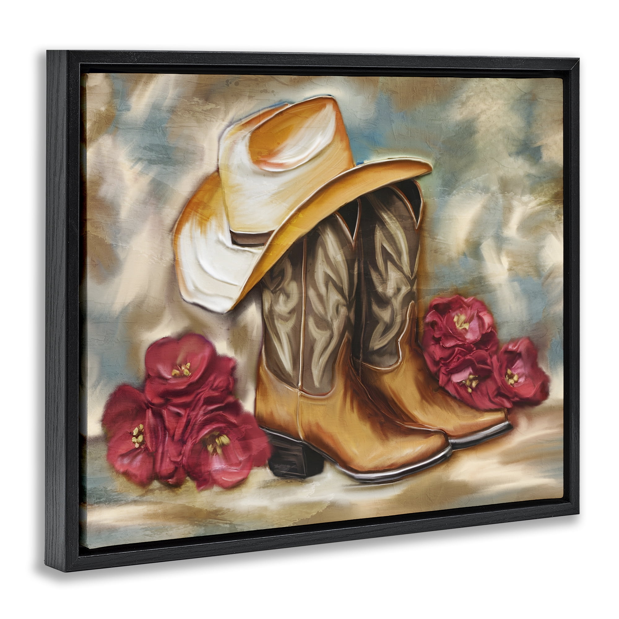 Boots & Floral Bunches Black Framed Floater Canvas Wall Art, design by Kim Allen