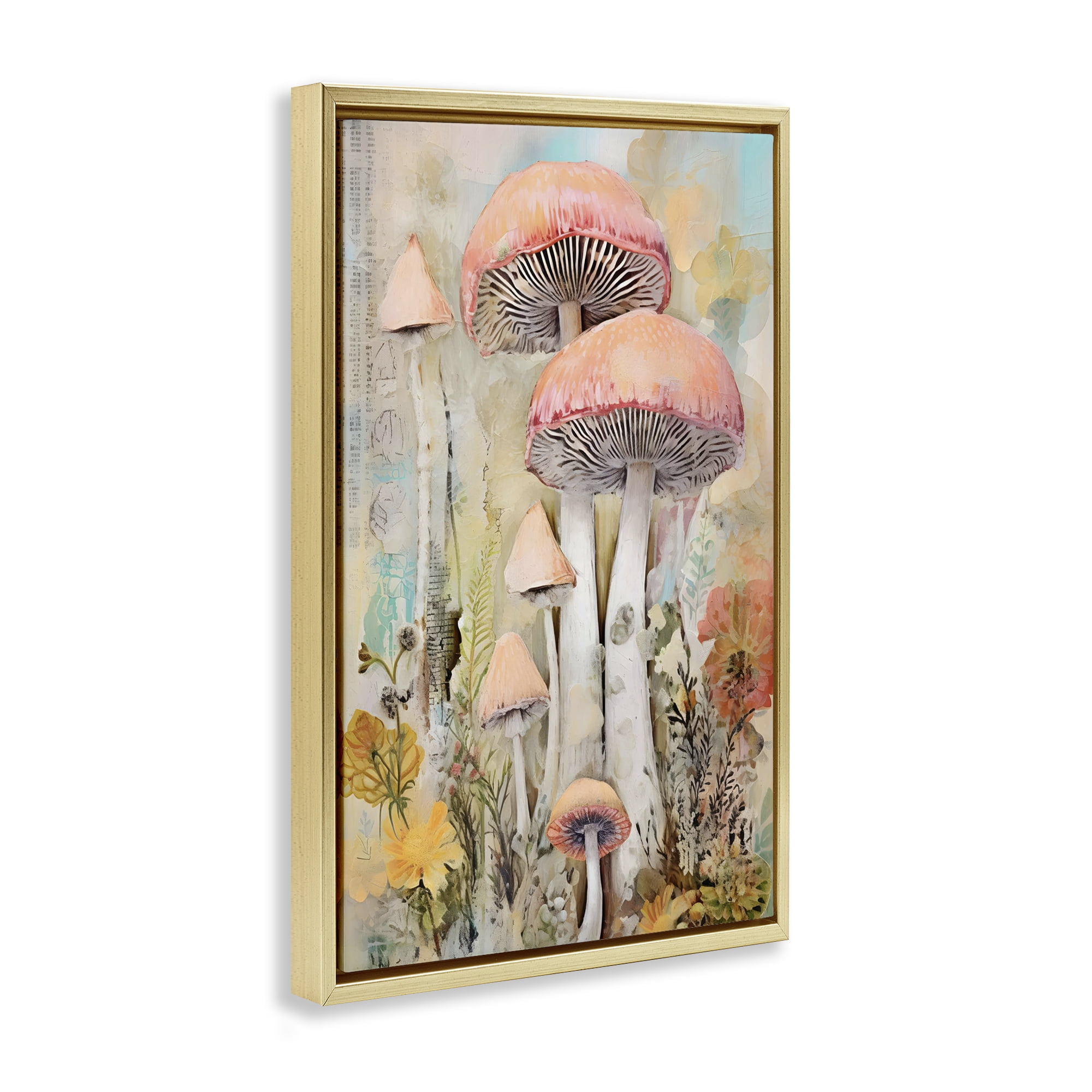 Stupell Industries Soft Collaged Mushrooms Plants & Flowers Painting Gold Floater Framed Canvas Art Print Wall Art, 21 x 31