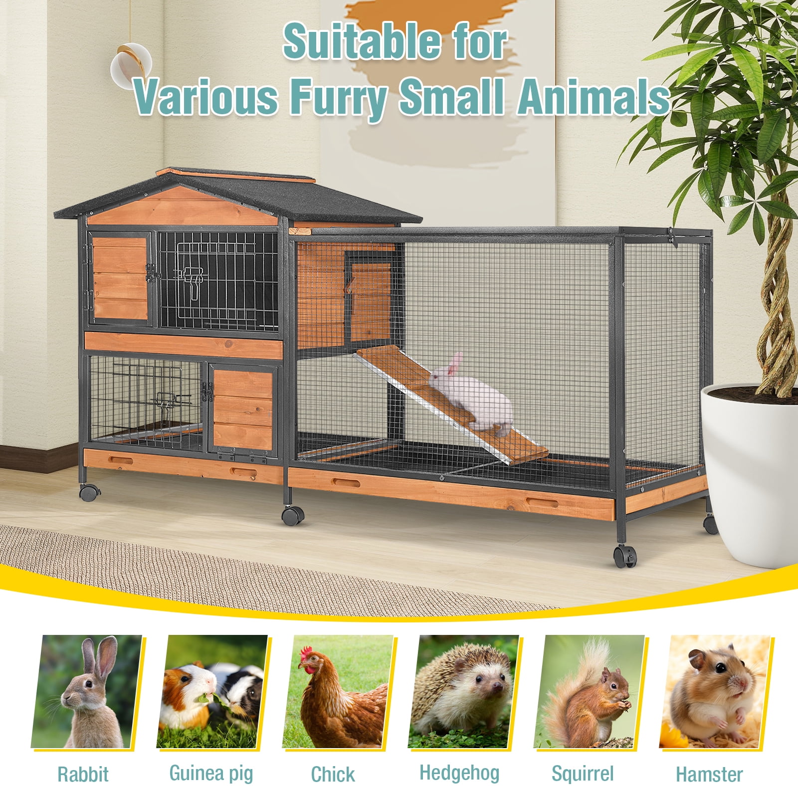 AIVITUVIN 2-Story Rabbit Hutch with Chew-Proof Full Metal Frame for Indoor/Outdoor - 62" Bunny Cage with 6 Locking Casters & 2 Pull-Out Trays for Rabbits, Guinea Pigs, Small Pets (Brown)