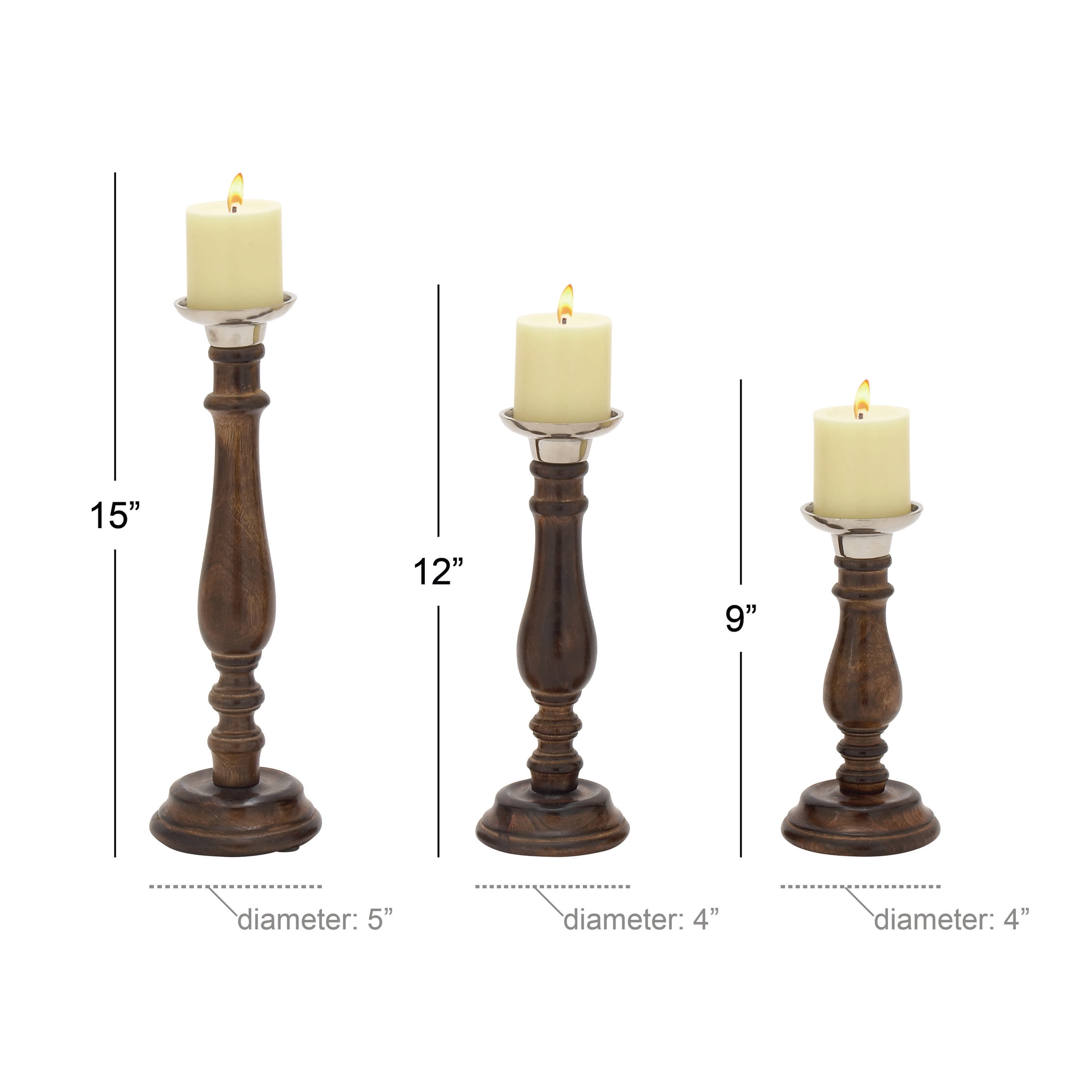 DecMode 9", 12", 15"H Traditional Candlestick, Dark Brown, 3 - Pieces