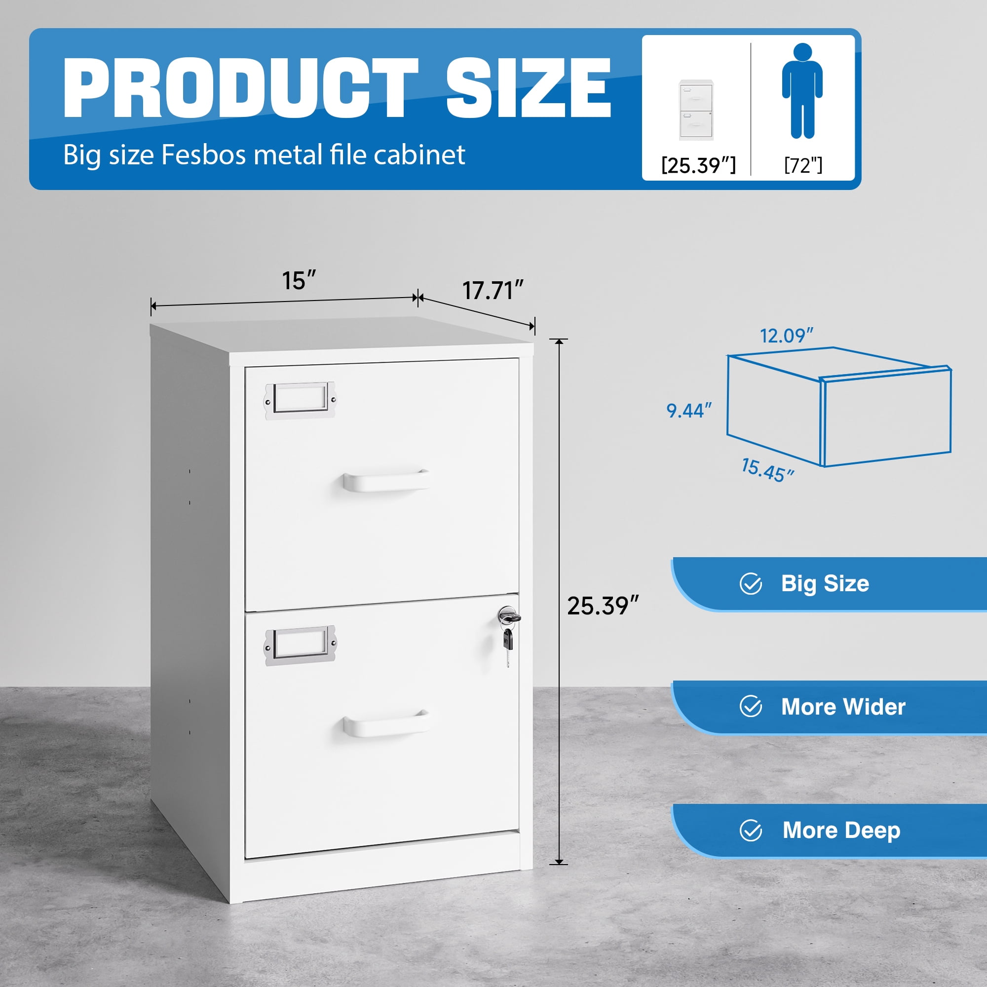 Fesbos 2 Drawer File Cabinet with Lock,Metal Office Filing Cabinets for Home Office,Storage A4/F4/Letter, Easy Assemble (White）