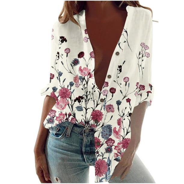 Blusa informal para mujer, cuello redondo, manga larga, estampado, camisa suelta, tops, botones, cárdigan Pompotops FGAJ6848
