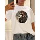 thumbnail image 1 of Harmonious Style] Women's Vintage-Inspired Geometric Print T-Shirt - Casual Round Neck, Short Sleeve, Polyester Top with Yin-Yang Tree Design, Machine Washable, 1 of 7