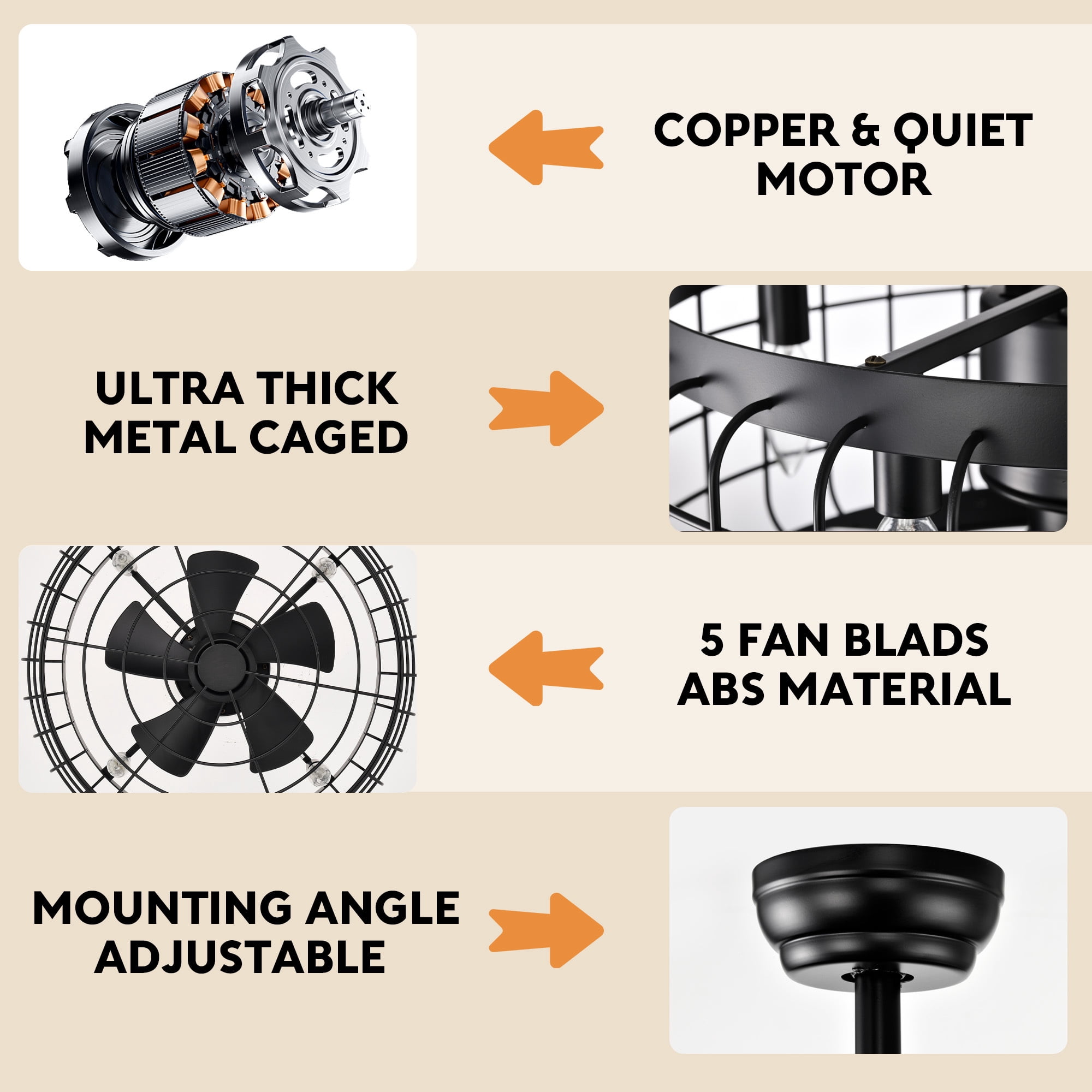 20"Aukfa Ceiling Fan with Light, Cage Ceiling Fan for Bedroom, Kitchen, Living Room with Timing,Black