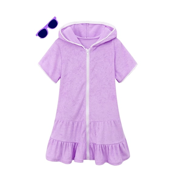 Cubretraje de baño para niña LUCKYGAL de toalla con cierre y color morado, talla 6-7
