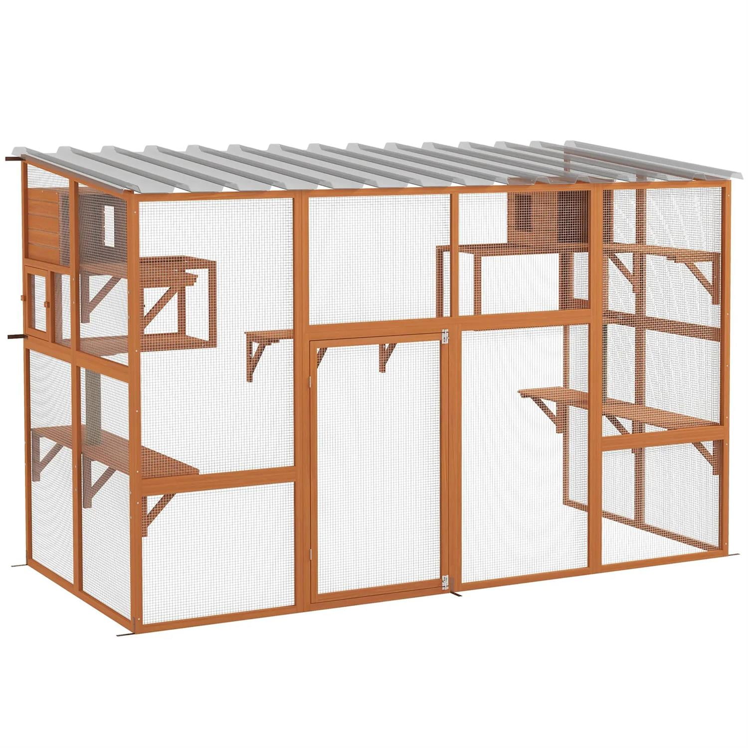 Pefilos 118" Outdoor Weatherproof Cat Cage with Scratching Post, Wooden Catio House for 2-3 Kittens Cats, Indoor Cat Enclosure, Orange