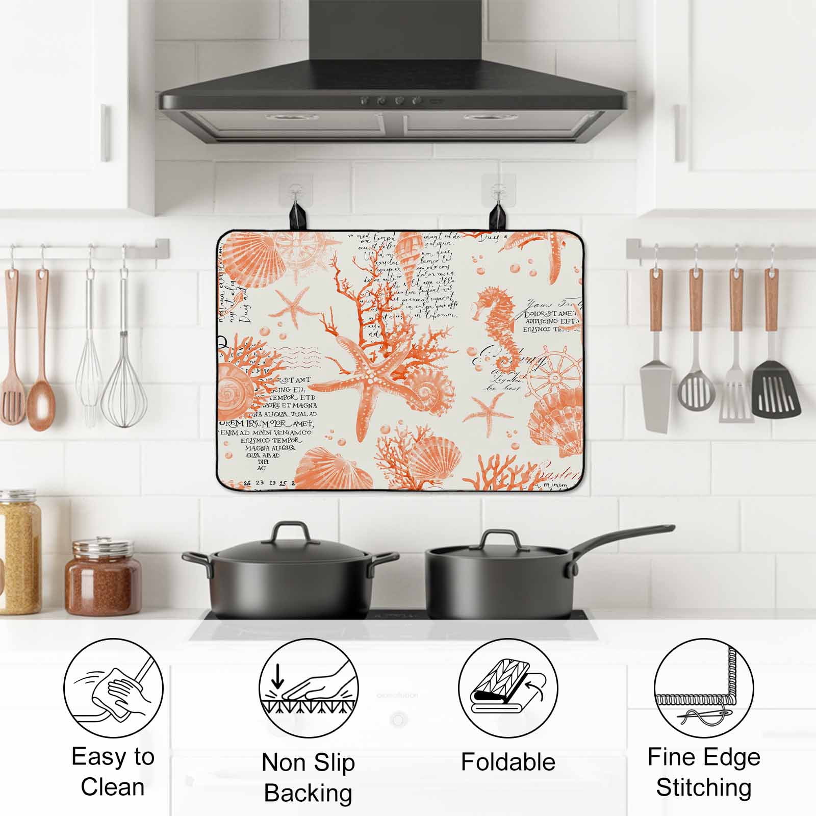Orange Starfish Stove Top Cover for Electric Stove, Heat-proof & Non Slip Glass Top Stove Cover Protector, Rustic Ocean Coastal Shells Conch Coral Kitchen Flat Cooktop Rubber Mat 31x24 Inches