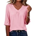 thumbnail image 3 of ClodeEU Women's V Neck 3/4 Sleeve Ruched T-Shirt, Casual Loose Fit Basic Top Pink,Women's Plus L, 3 of 7