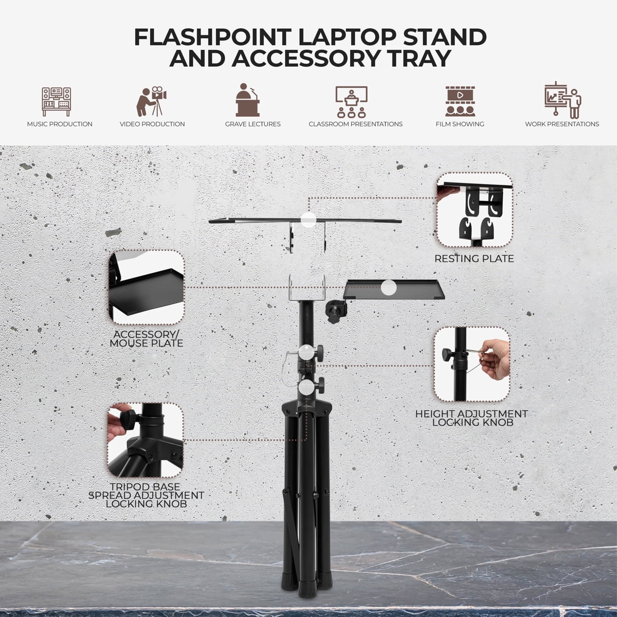 Flashpoint Projector Laptop Tripod Stand, Adjustable FoldableHeight, DJ Gear Holder, Perfect for Office, Home, Stage, Studio Equipment