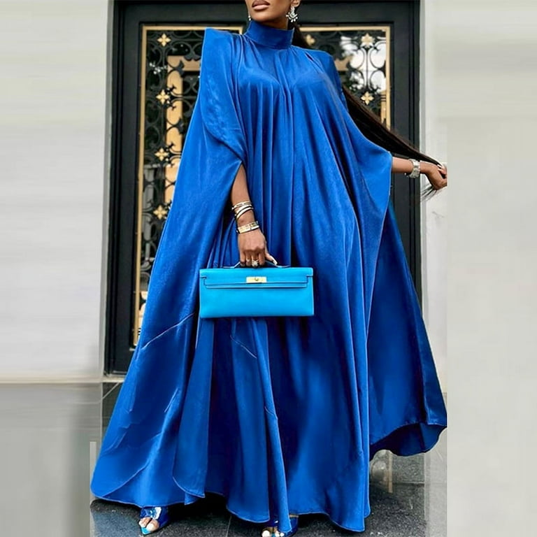 VONDA Women Elegant Long Bat Sleeve Stand Collar Evening Party Pleated  Casual Solid Loose Long Dress