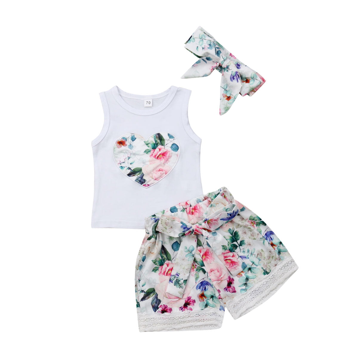 Amazing Kids Baby Girl Heart Floral Outfit Suit Sleeveless Top & Pants &Headband 