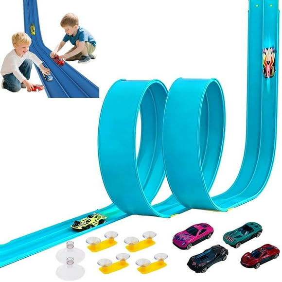 Neattidyly DIY Flexible Racing Track Toy,Flexible Race Track Toys for Kids Hassignment Flex Race Track for Kids with 4 Cars,Suction Cup Fixed, No Installation Required,Rolls up Portable Racetrack