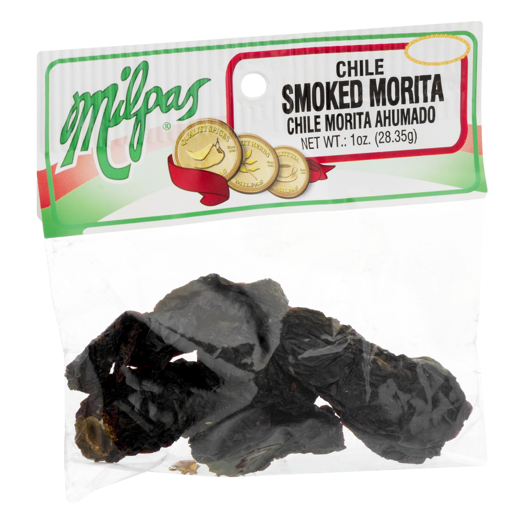 Milpas Smoked Morita Chile Pods packed in a clear cellophane bag, 1.0 oz per bag.