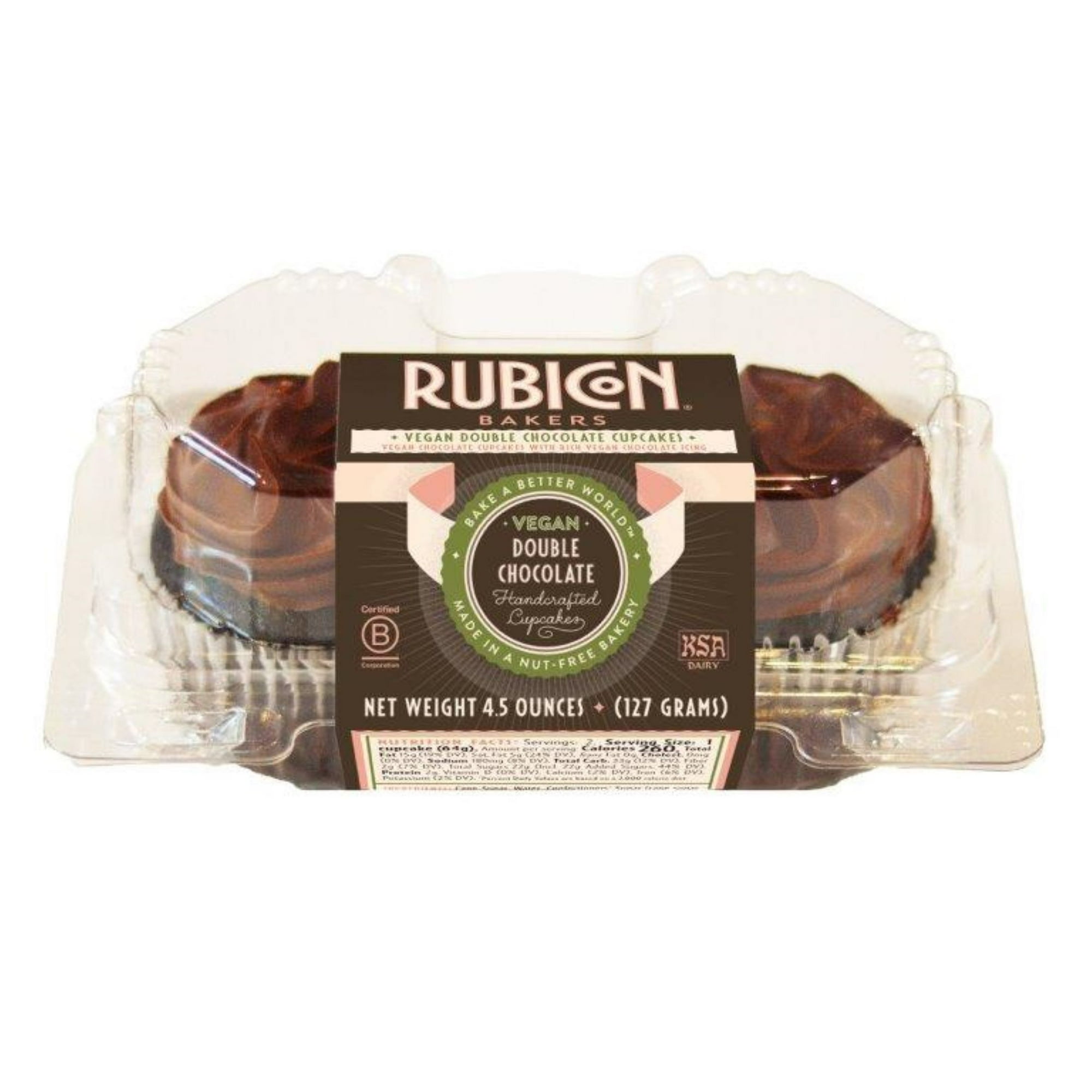 Rubicon Bakers, Vegan Double Chocolate Cupcake, Vegan Chocolate Icing, 2 Count, Grab and Go Tray