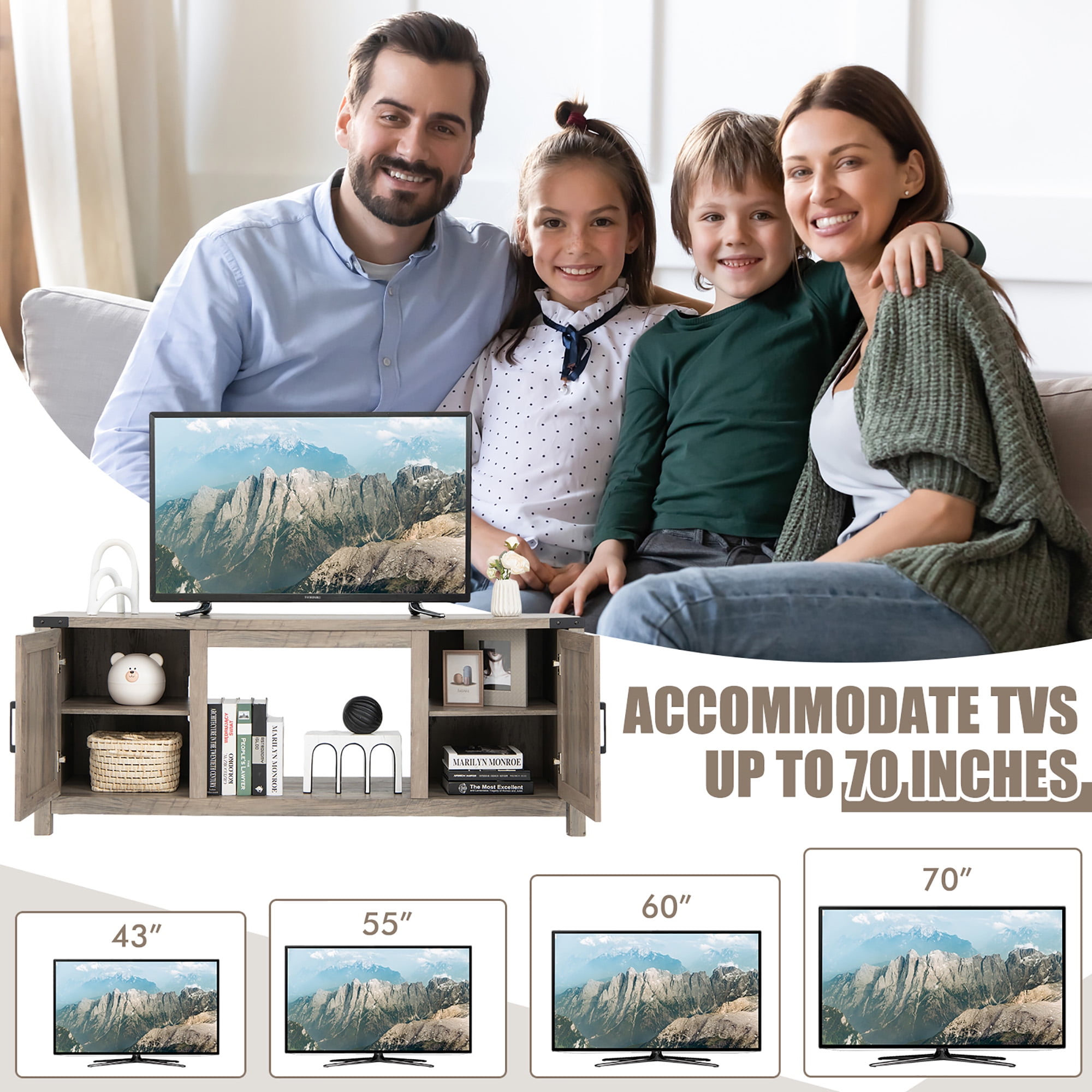 Costway 62'' Farmhouse TV Stand Entertainment Center for TVs up to 70 Inches Natural