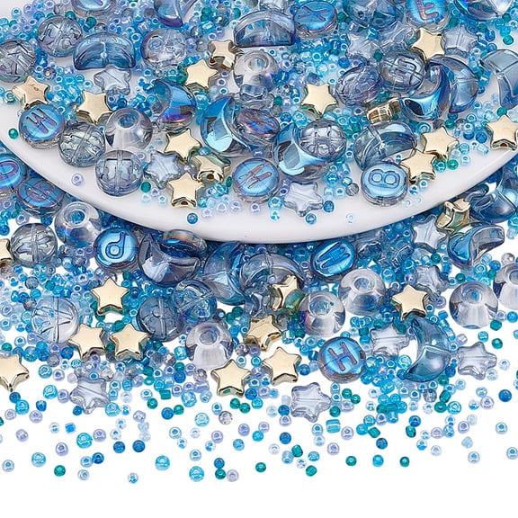 529Pcs Star Moon Shaped Beads Kits Glass Spacer Assorted Beads Aesthetic Beads for Bracelet Necklace Pendants Earrings Making Translucent Blue Series