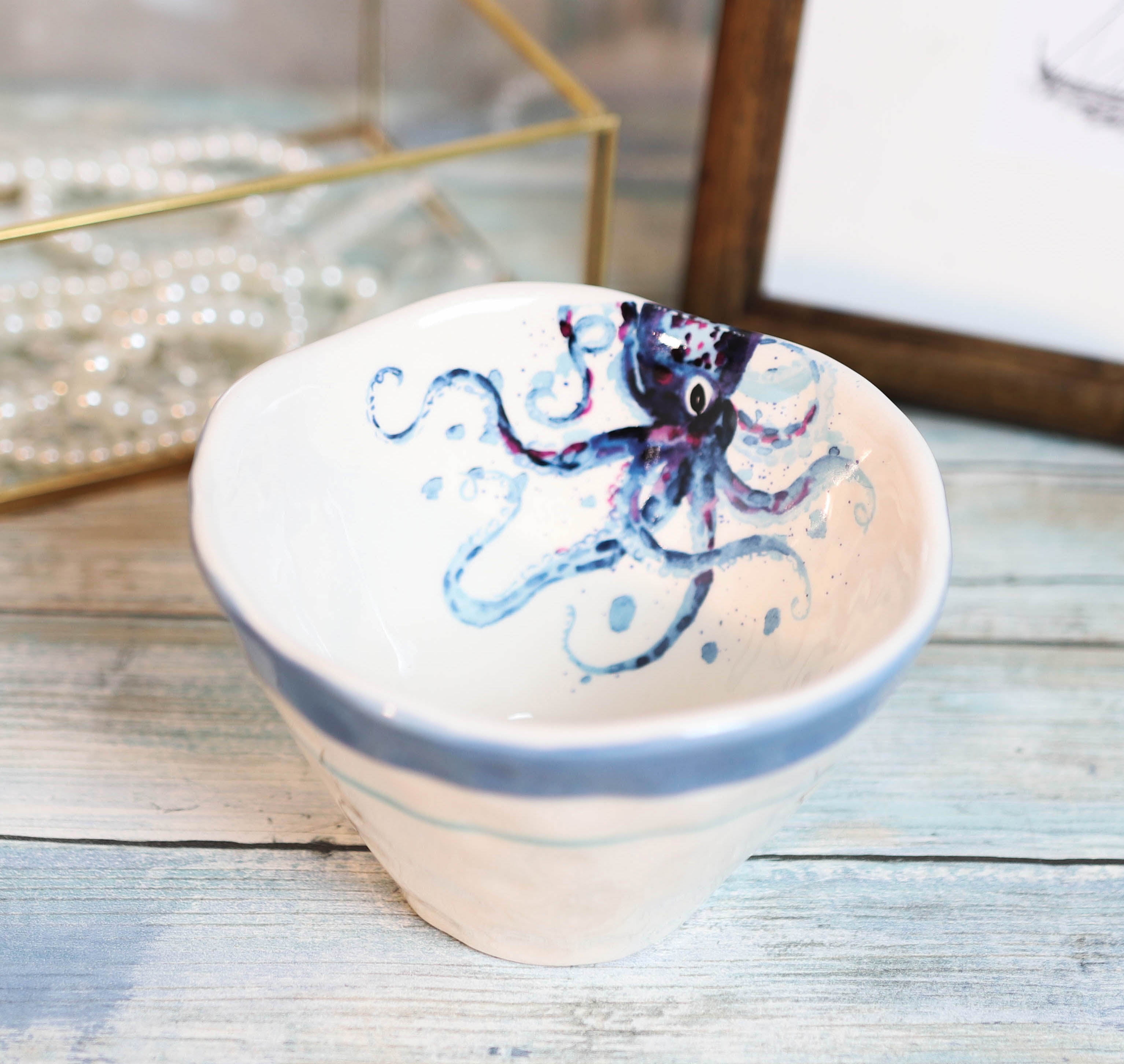 Nautical Blue And White Octopus Cereal Small Rice Soup Ceramic Bowls Pack Of 2 