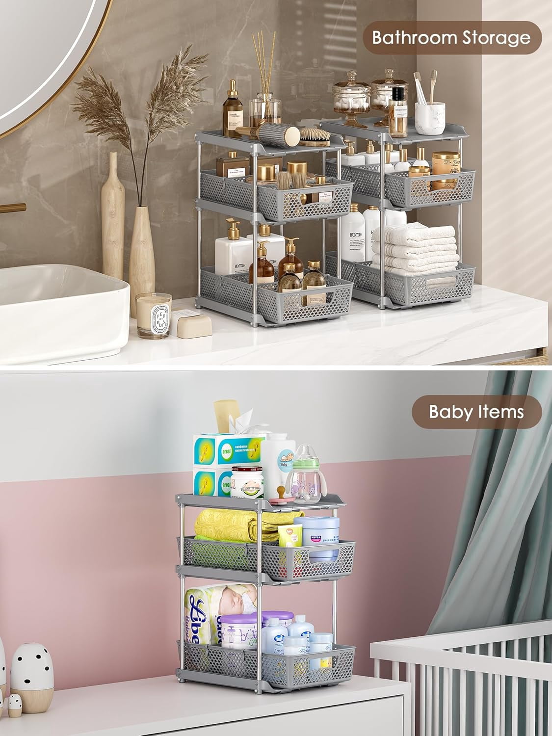 TAIMASI Pull-Out 3 Tier Bathroom Organizers and Storage, Under Sink Organizer, Kitchen Cabinet Organizer Gray, 2 (Count)