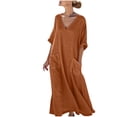 thumbnail image 2 of Ndbuld Robe d'Été Bohème pour Filles Robe de Soleil Mode Décontractée pour Femmes Col en V Couleur Unie Manches 3/4 avec Poches Robe Longue Liquidation à Moins de 5$, 2 of 6