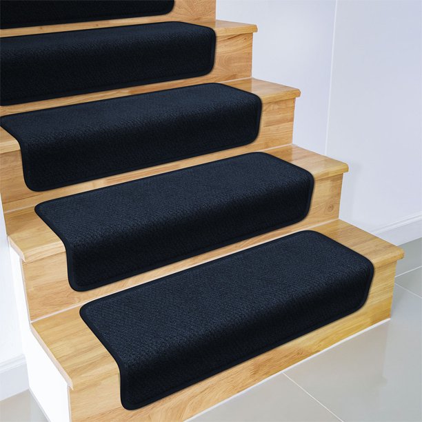 Set of 15 Overstep Attachable Carpet Stair Treads Navy Blue 17 In
