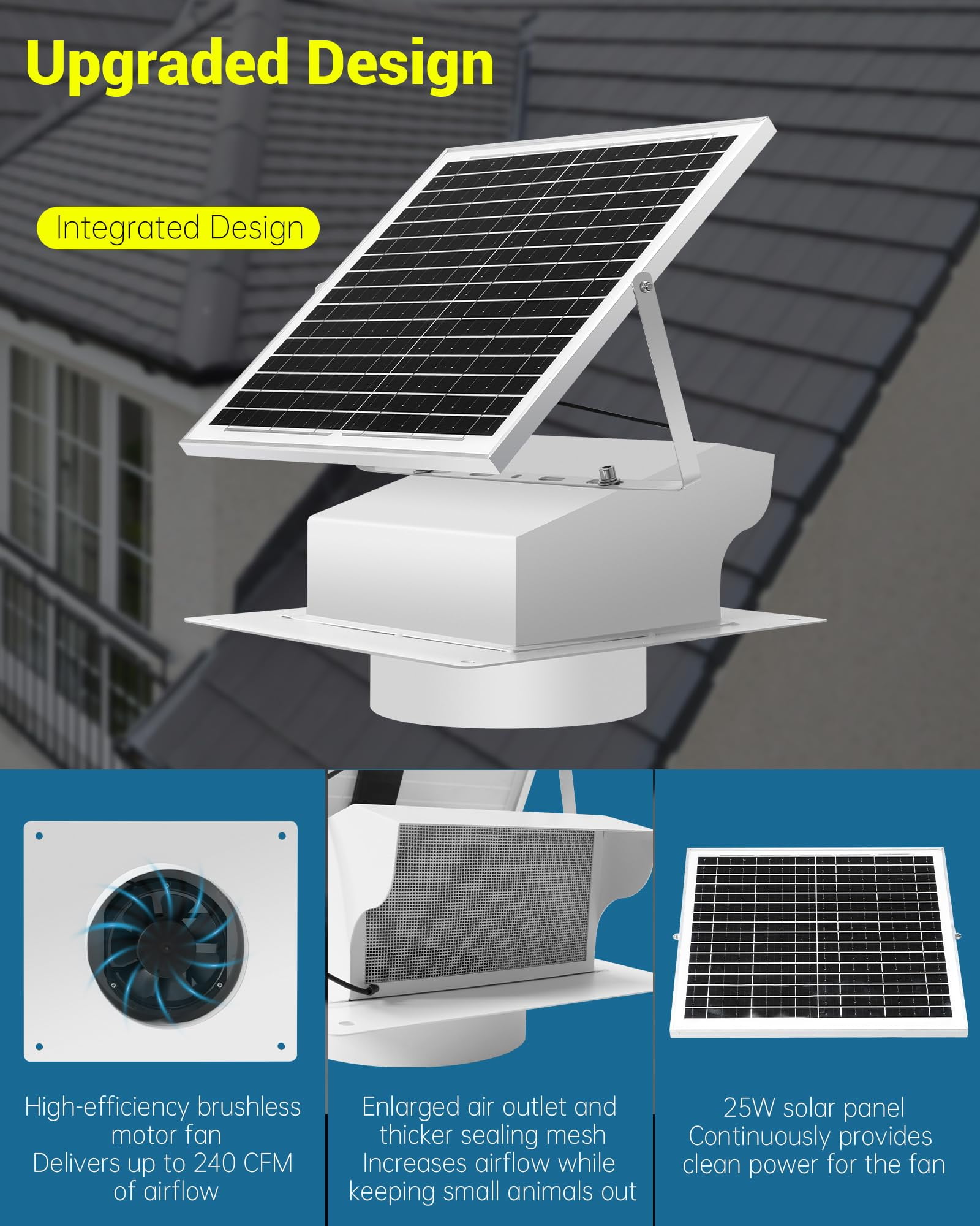 25W Solar Powered Roof Vent Fan,Ventilation and Cooling Solar Attic Exhaust Fan with 8 Inch Removable Roof Vents, Suitable for Lofts, Shops, Garages
