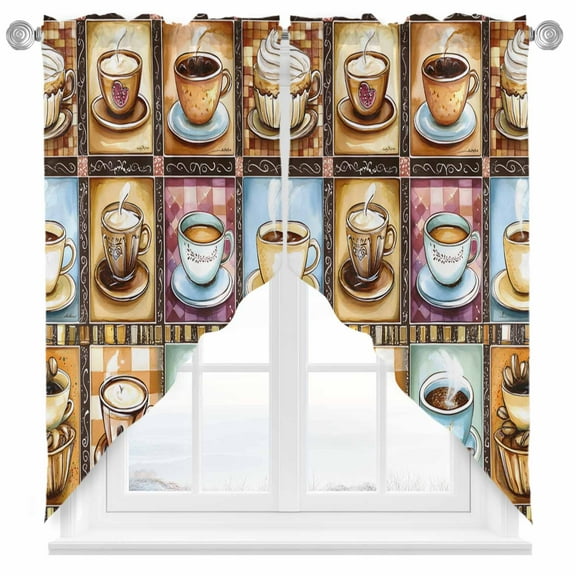 Coffee Cup Swag Valances for Windows 2 Pack Theme Vintage Plaid Patchwork Farmhouse Swag Kitchen Curtains 36 Inches Long Rod Pocket Short Window Treatment for Kitchen Bathroom 28"x36"