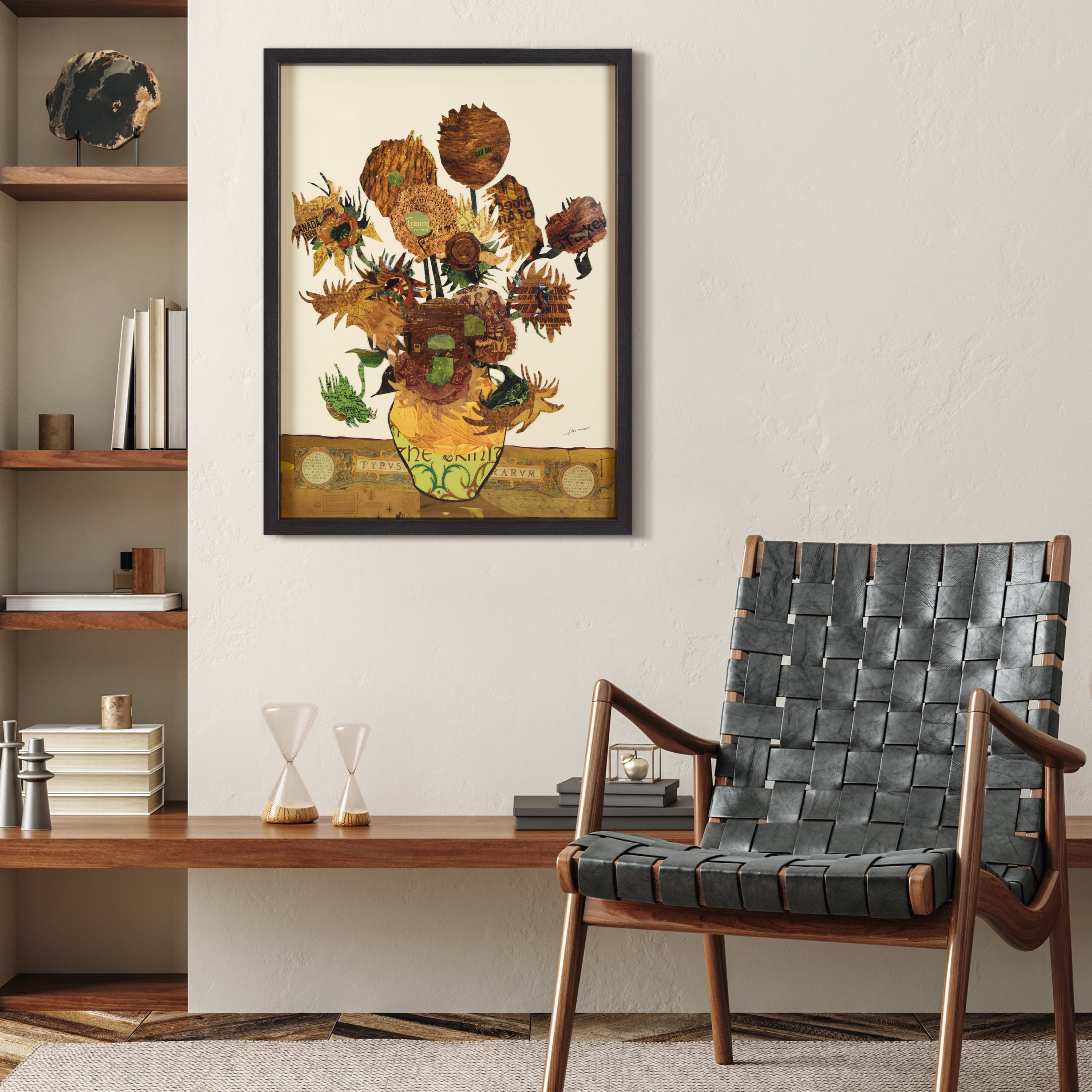 "Sunflower Embrace"Alex Zeng’s dimensional collage, under glass & a black shadow box frame